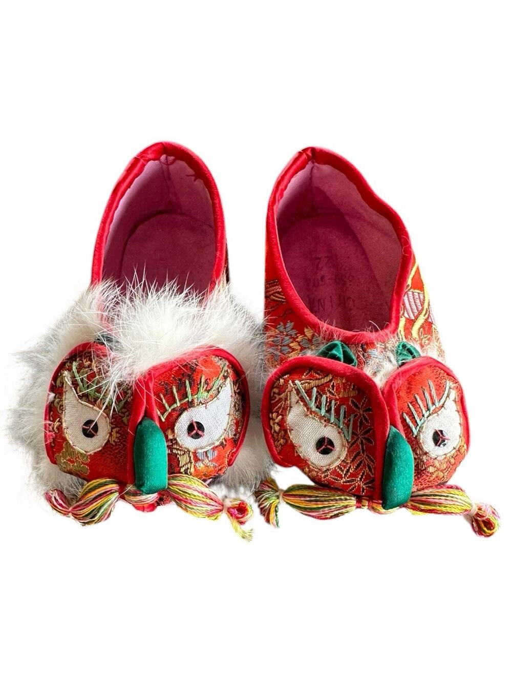 Vintage Pair Child Toddler Chinese Red Dragon Slippers Satin & Fur China 4 3/4”